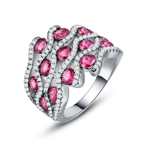💎 925 Silver Plated Stylish Red CZ Diamond Ring, FB16FA1103 - Picture 1 of 3